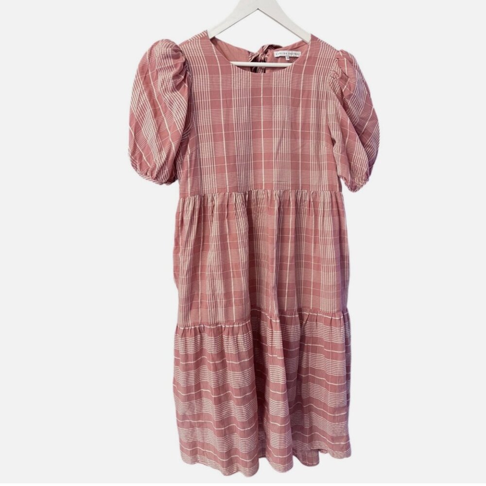 English Factory Pink Plaid Puff-Sleeve Tiered Midi Dress - Picture 2 of 8